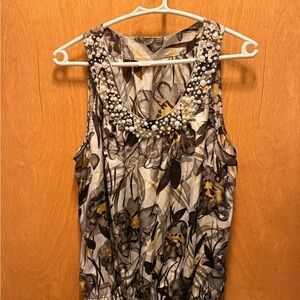 Signature by Larry Levine Pearl-Embellished Floral Tank in Gray, Black and Gold